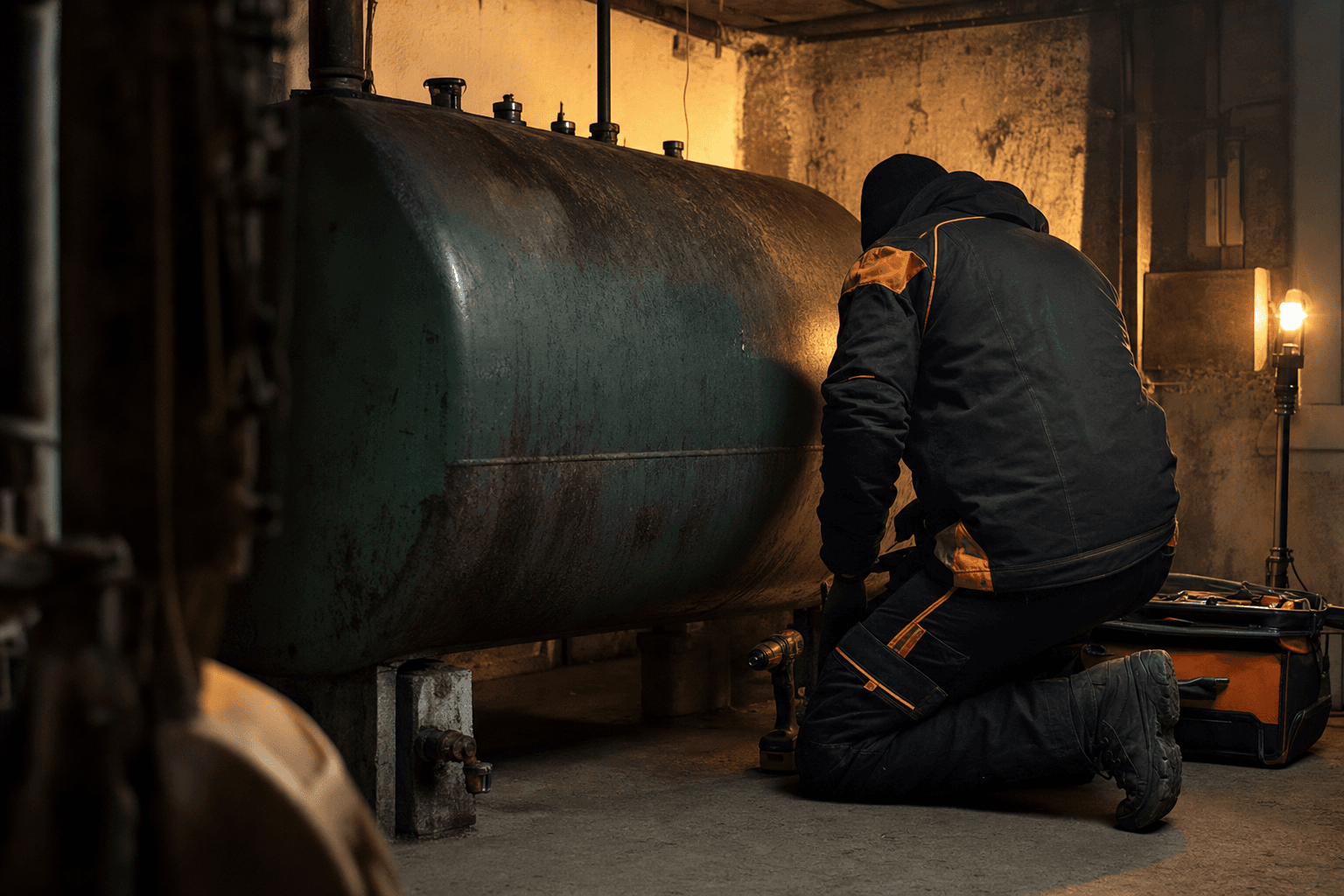 Techniker bereitet die Demontage eines Stahl-Öltanks im Keller vor